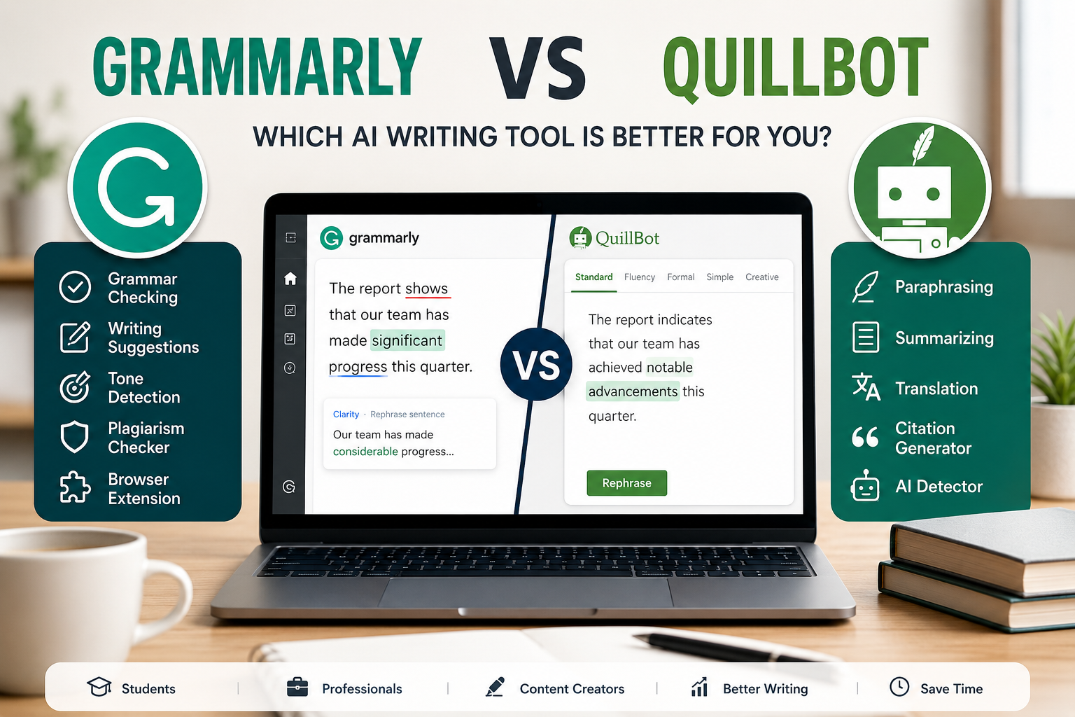 Grammarly vs QuillBot comparison for choosing the best AI writing tool.