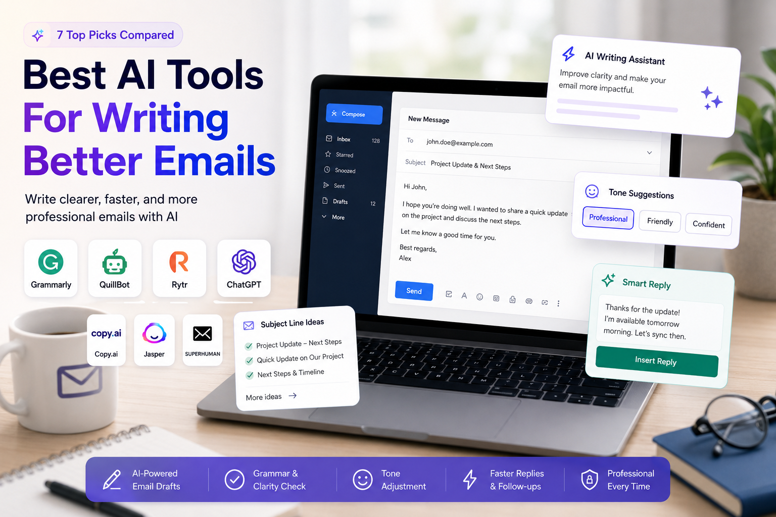Best AI tools for writing better emails with grammar correction, tone suggestions, smart replies, and AI email drafts.