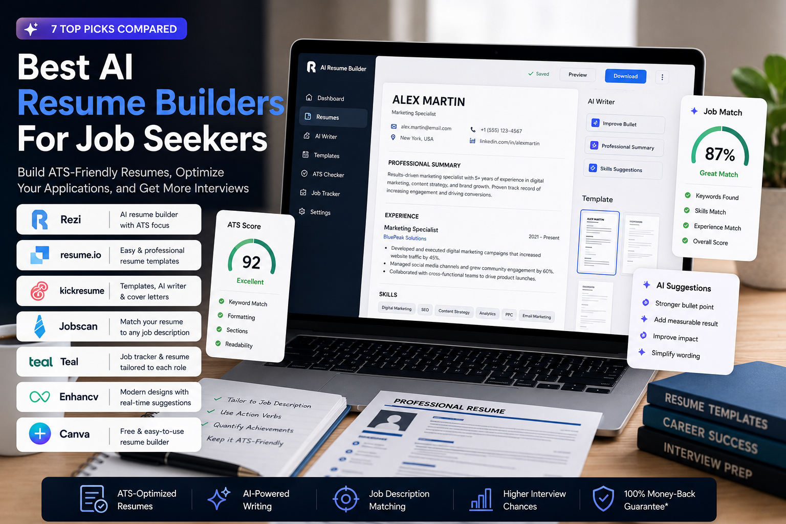 Best AI resume builders for job seekers with ATS checks, resume templates, AI writing, and job matching tools.