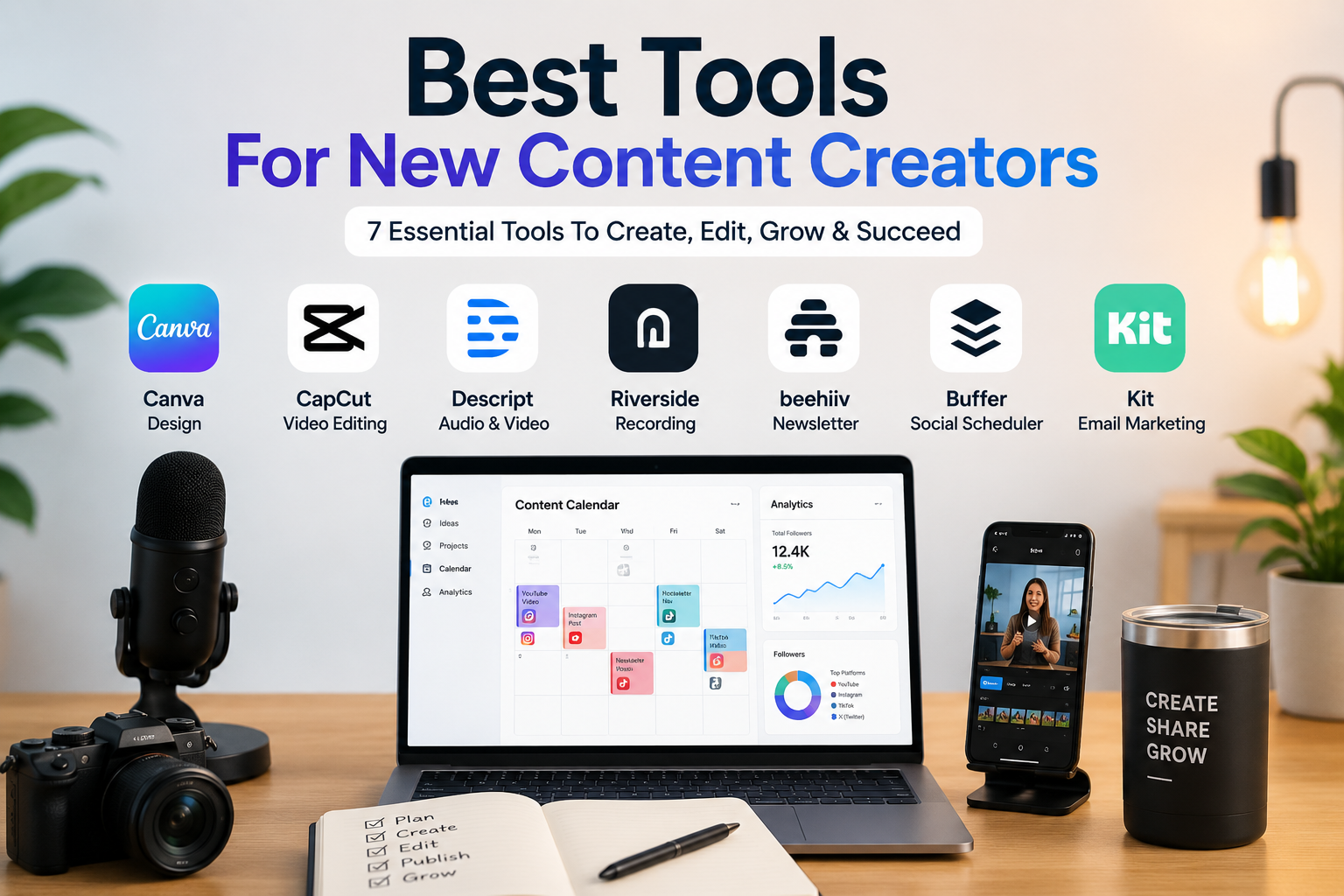 Best tools for new content creators with design, video editing, newsletter, podcast, and social media scheduling apps.