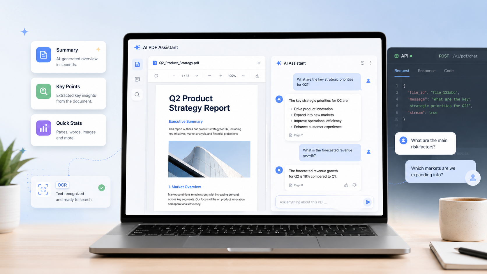 PDF.ai review showing AI PDF summaries, document chat, OCR, and API workflow features.