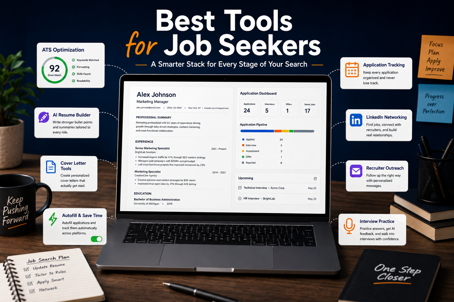 Best tools for job seekers showing a resume builder, ATS score, application tracker, recruiter networking, cover letter, autofill, and interview practice.