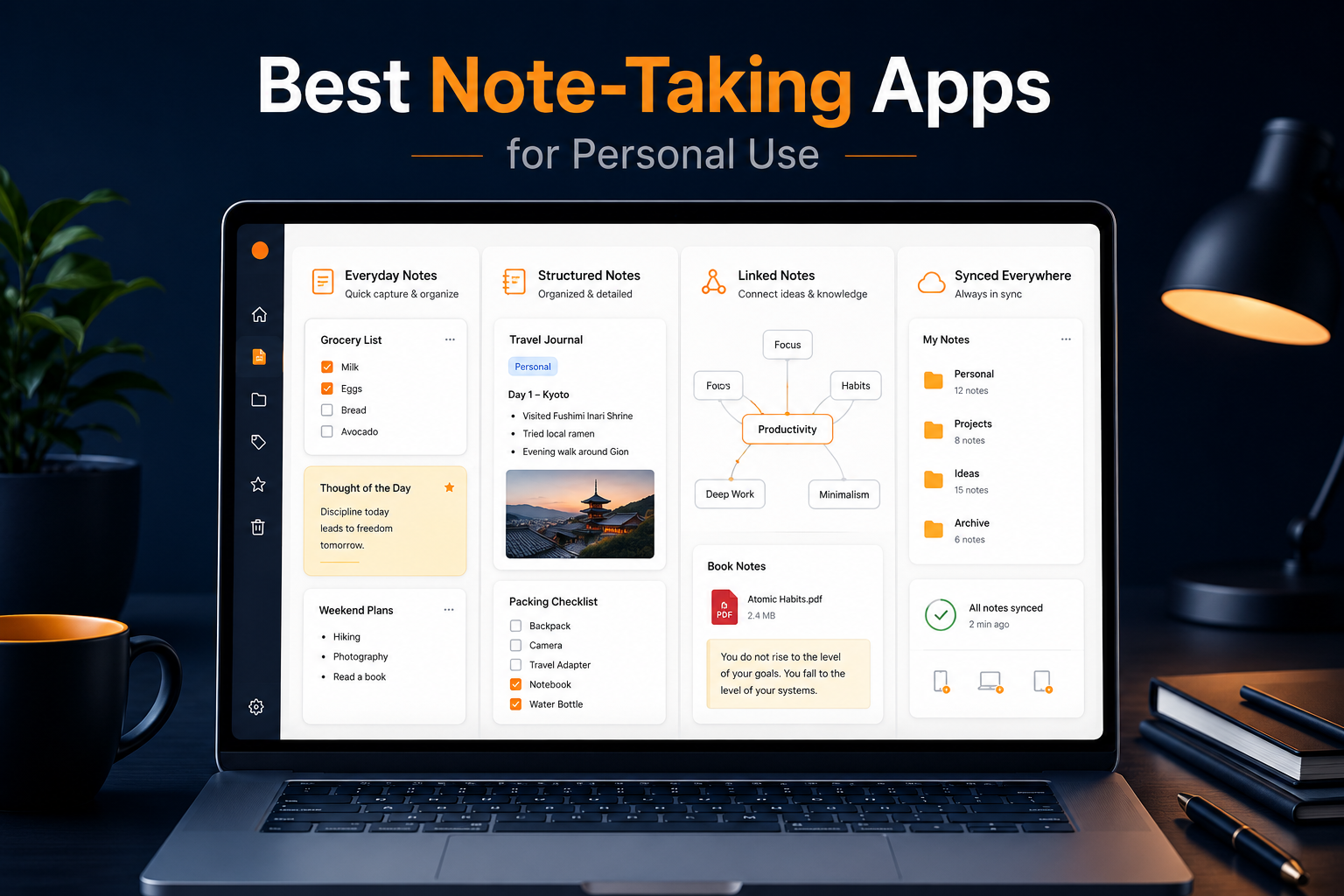 Best note-taking apps for personal use showing simple notes, a knowledge base, handwriting, PDF annotations, connected ideas, privacy, and offline access.
