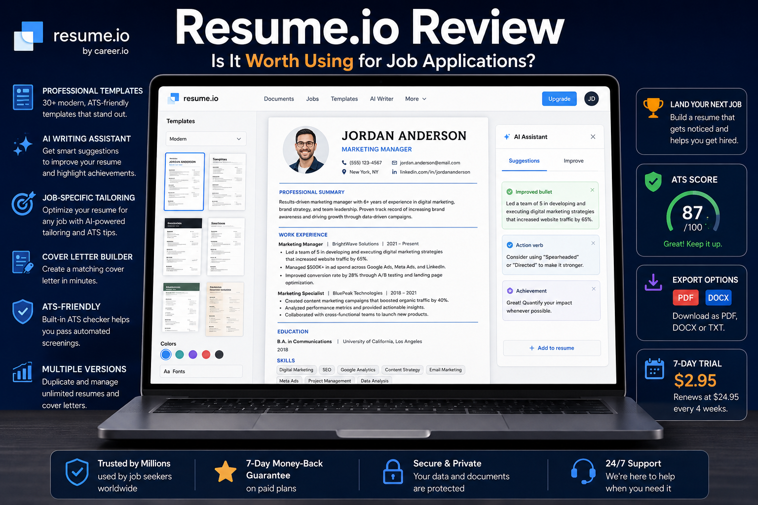 Resume.io review showing a professional resume builder, templates, AI writing suggestions, cover letter creation, ATS tools, and PDF and DOCX exports.
