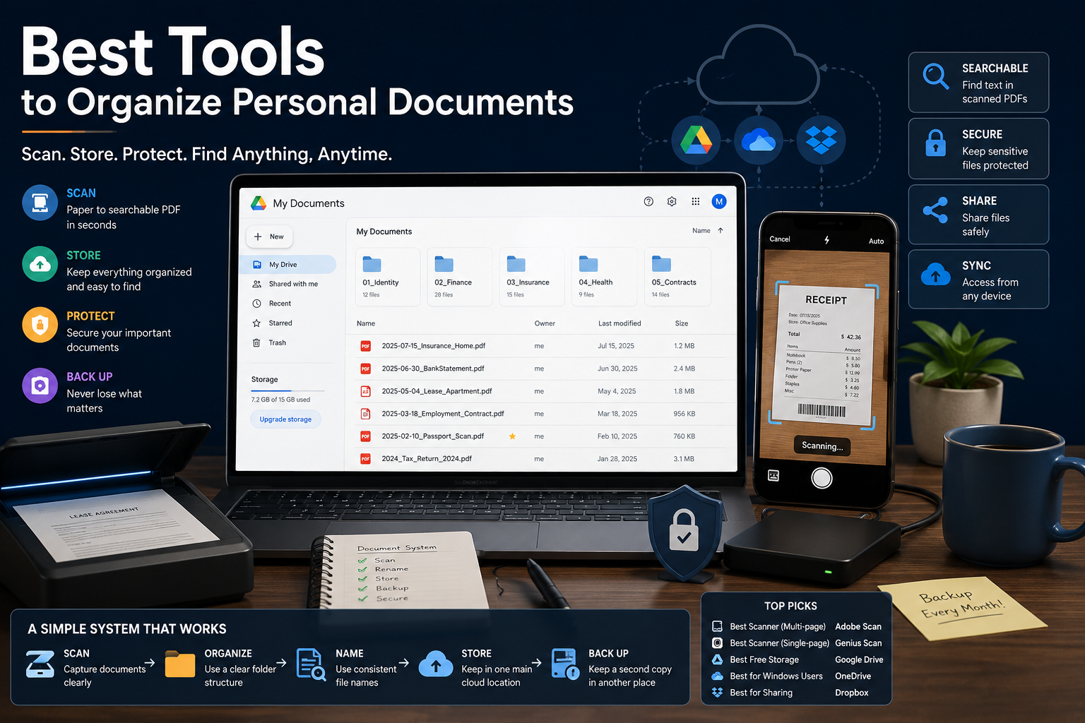 Workflow showing how to organize personal documents into a digital filing system by scanning, storing, and backing them up
