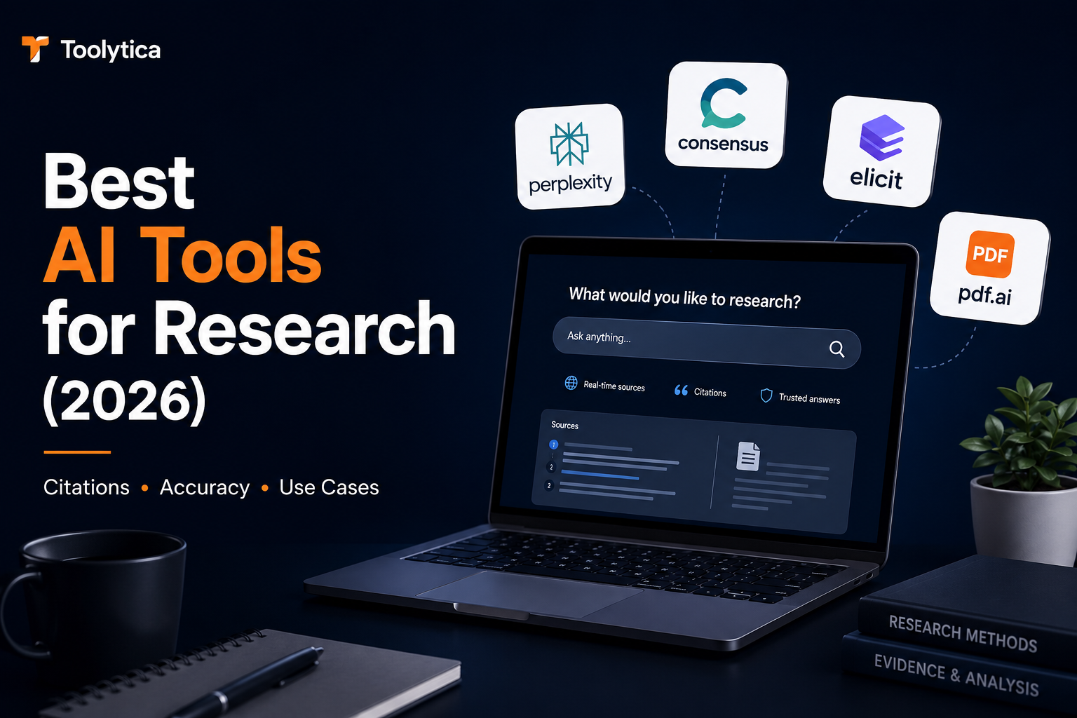 Comparison of the best AI tools for research showing Perplexity, Consensus, and Elicit with citations and use cases