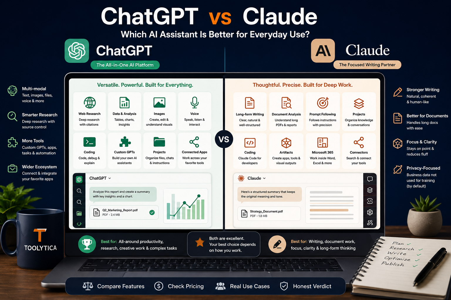 ChatGPT vs Claude comparison showing differences in writing, prompt accuracy, document analysis, web research, coding, images, projects, and everyday productivity.
