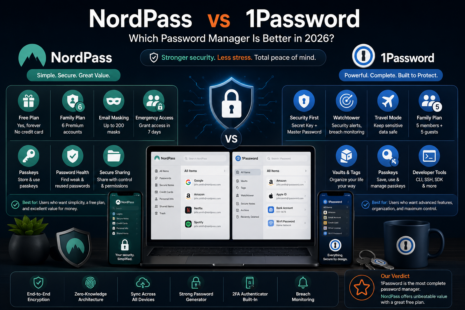 NordPass vs 1Password comparison showing free plans, family accounts, passkeys, security features, emergency access, Travel Mode, password health, and developer tools.