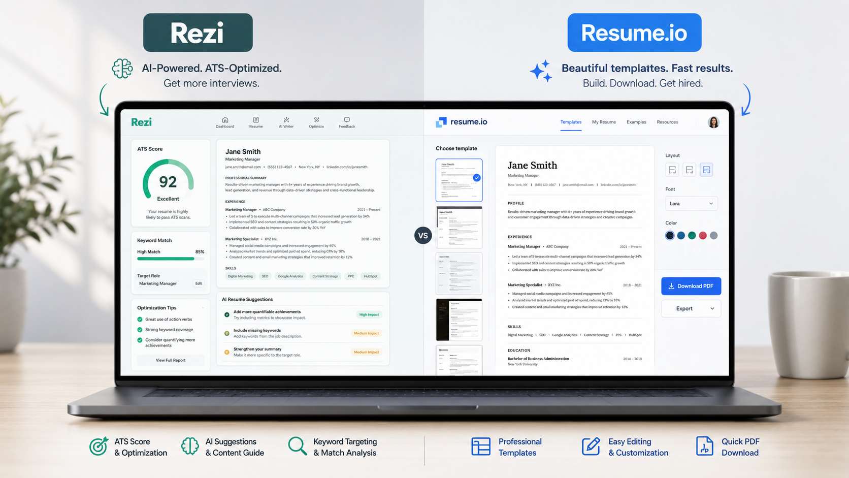 Rezi vs Resume.io comparison showing ATS resume optimization, AI writing, resume templates, and PDF downloads.