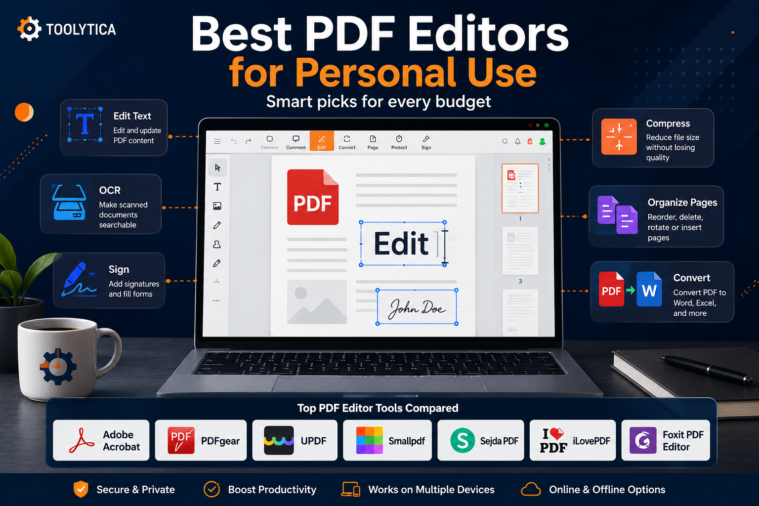 Best PDF editors for personal use showing PDF editing, OCR, signatures, compression, conversion, and document organization.