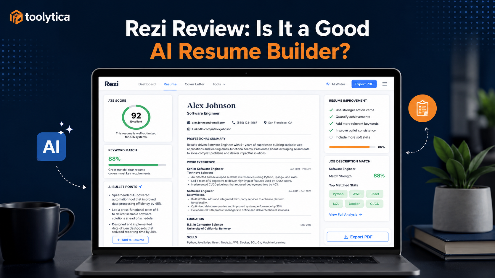 Rezi review showing an AI resume builder with ATS scoring, keyword targeting, resume suggestions, and job description matching.