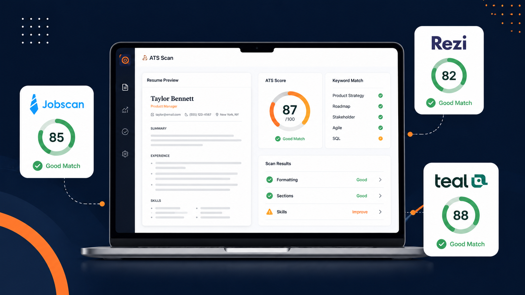 Best ATS resume scanners comparison featuring Jobscan, Rezi, and Teal with resume matching scores, keyword analysis, and ATS optimization on a laptop.