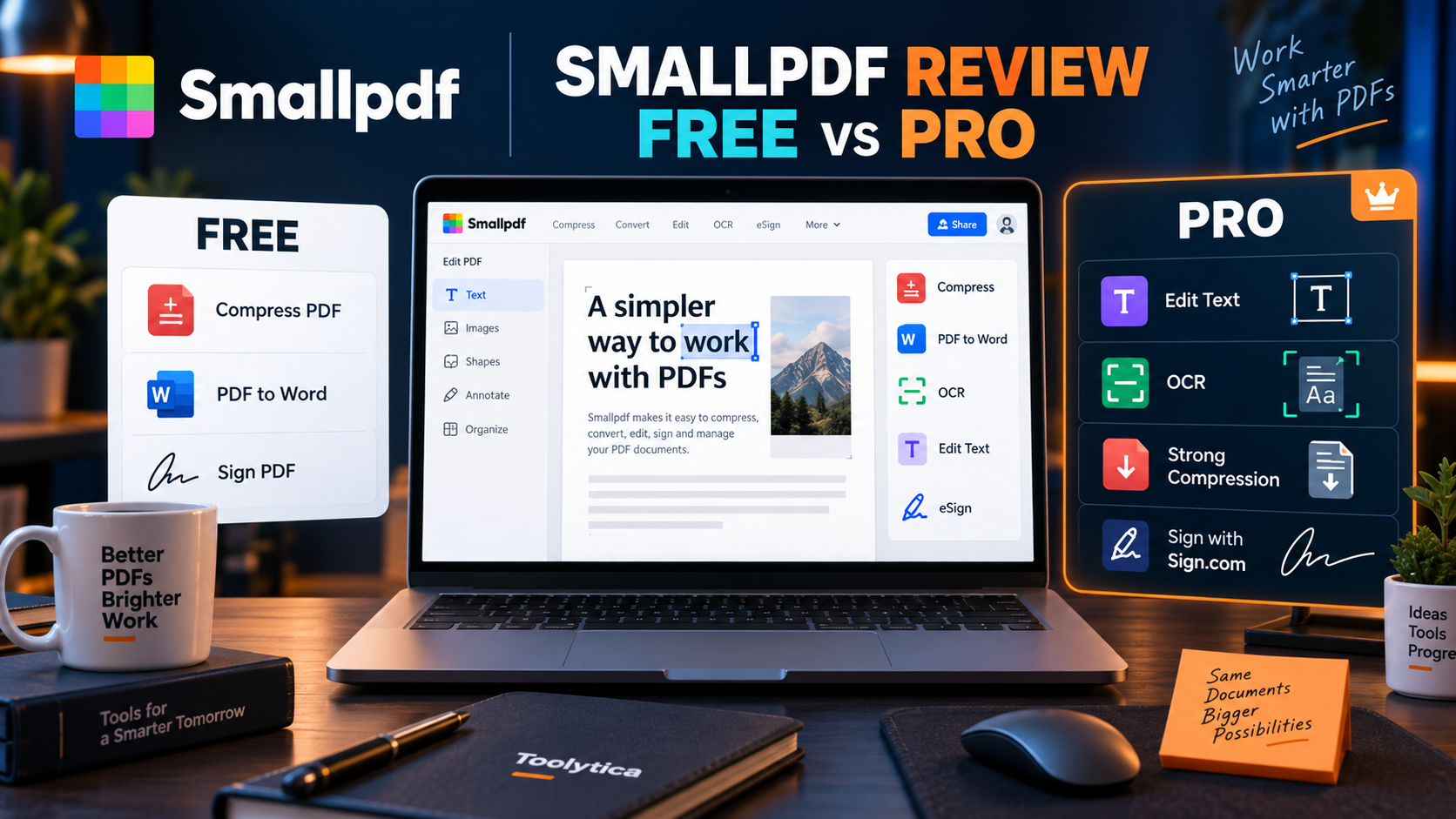 Smallpdf review showing PDF compression, Word conversion, OCR, editing, and electronic signature tools.