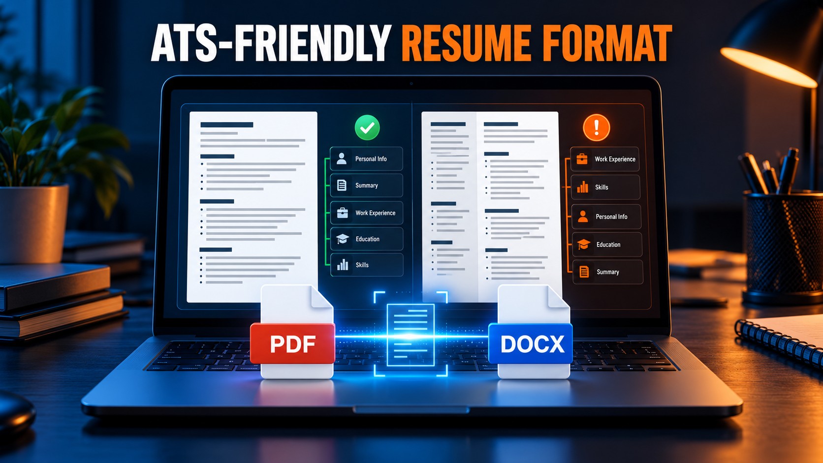 ATS-friendly resume format comparison showing PDF, DOCX, one-column parsing success, and a two-column layout warning.