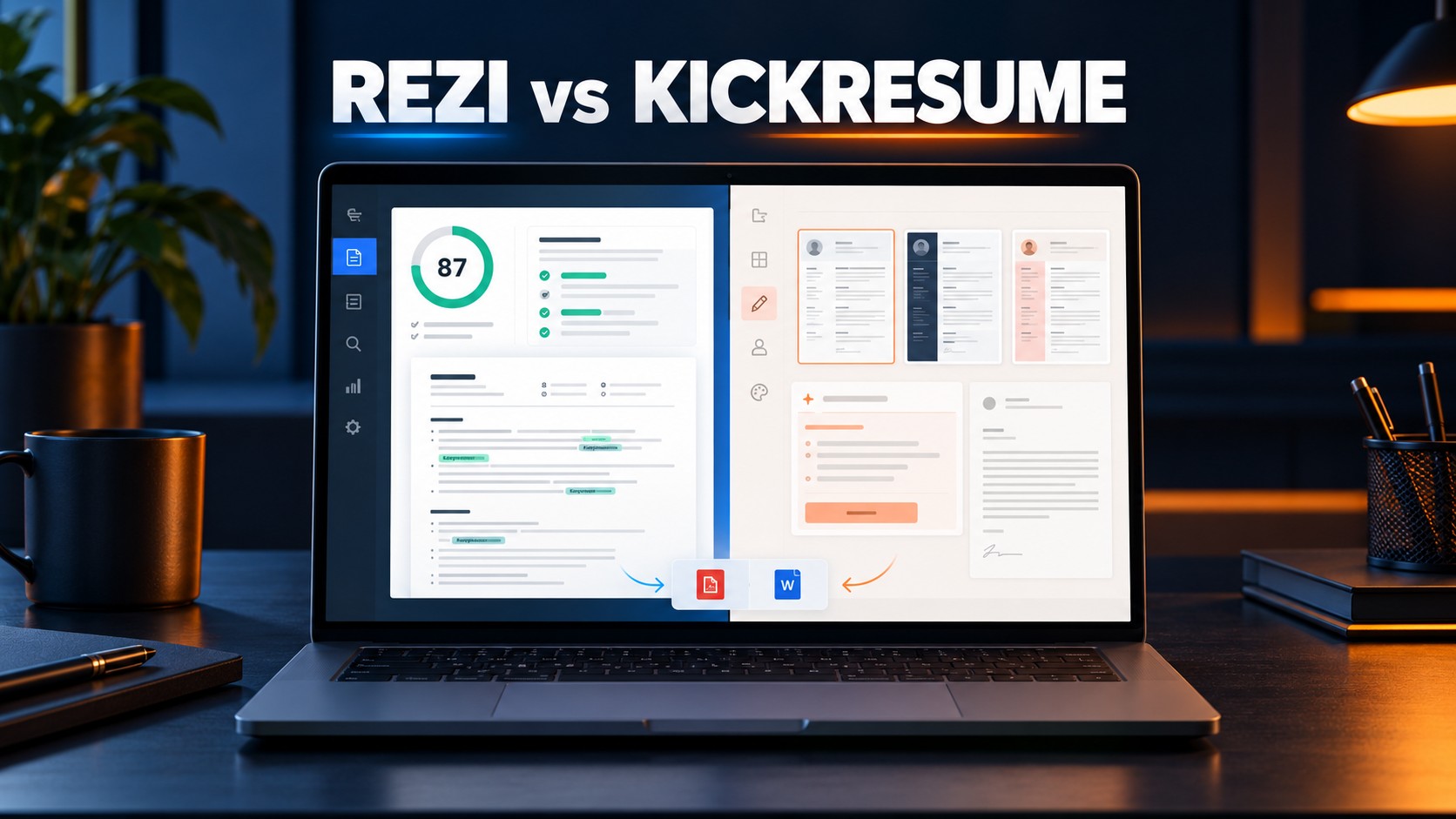 rezi vs Kickresume comparison showing ATS scoring, AI writing, resume templates, and PDF and DOCX exports.