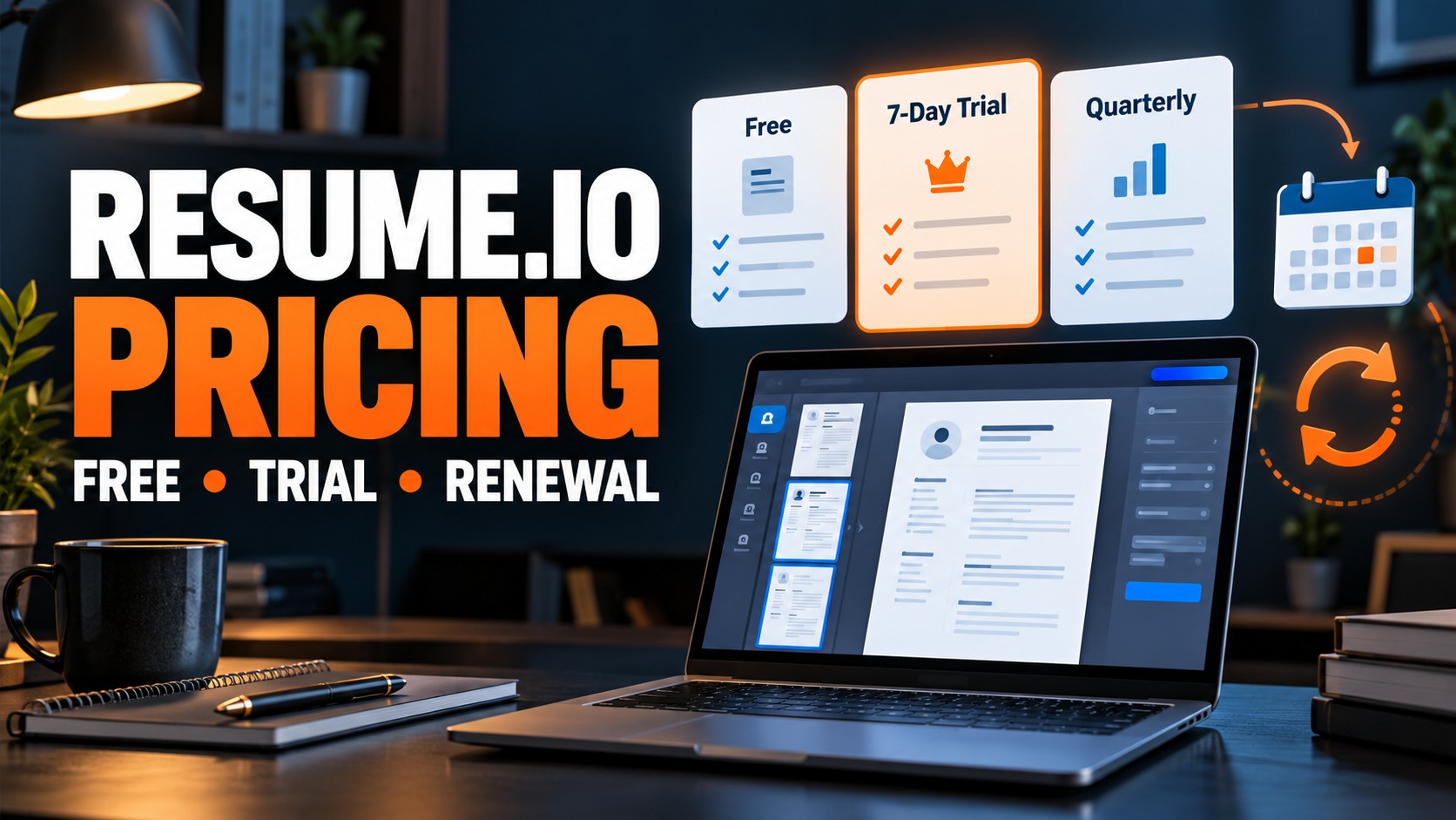 Resume.io pricing comparison showing the free plan, 7-day trial, quarterly plan and recurring renewal